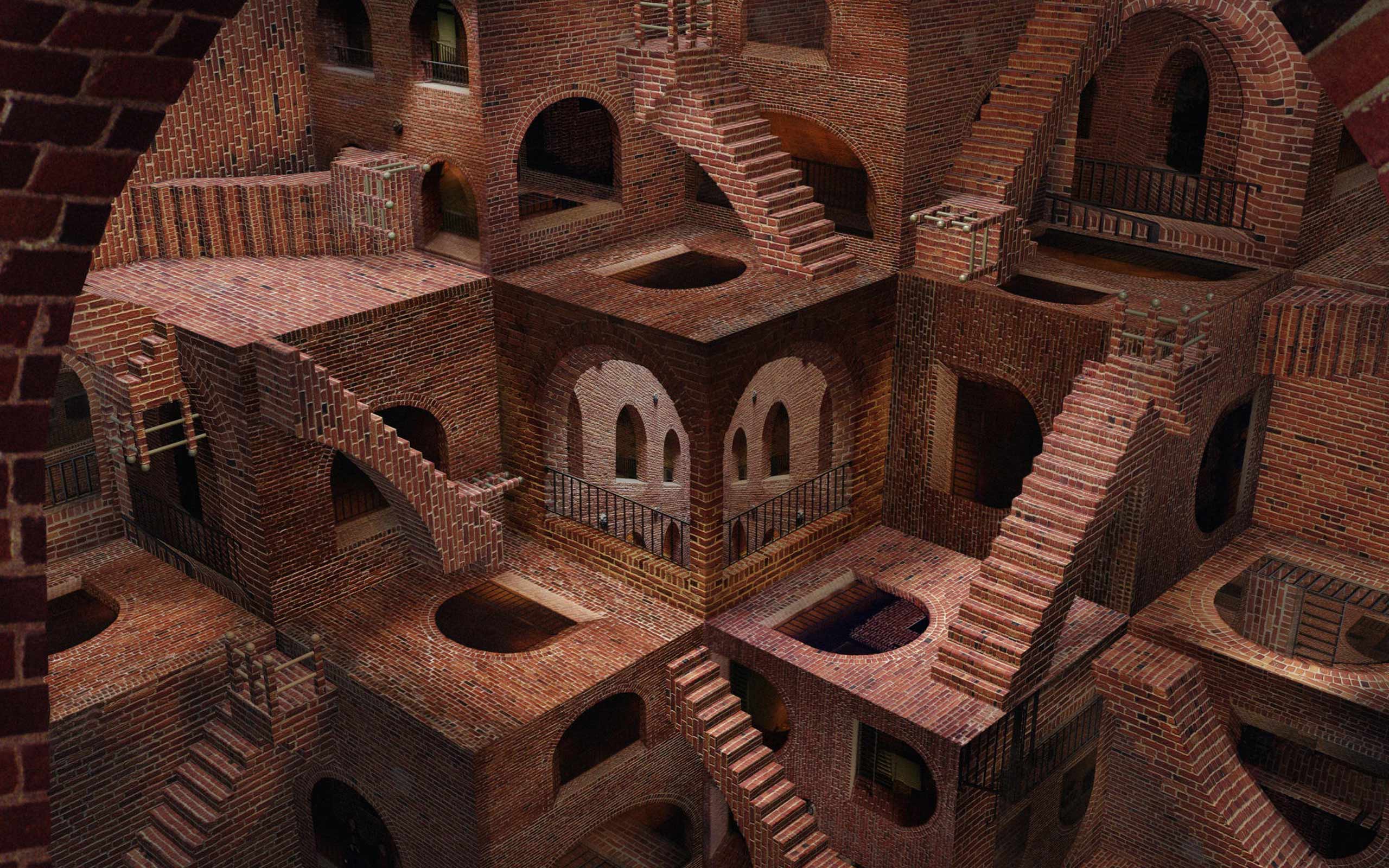 M. C. Escher, Digital art, Optical illusion, Brown, Stairs, Building, Bricks, Surreal, 3D, Fence, Arch, CGI Wallpaper