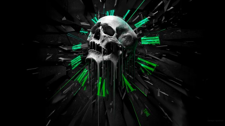 abstract, Skull, Clocks, Black background, Digital art HD Wallpaper Desktop Background