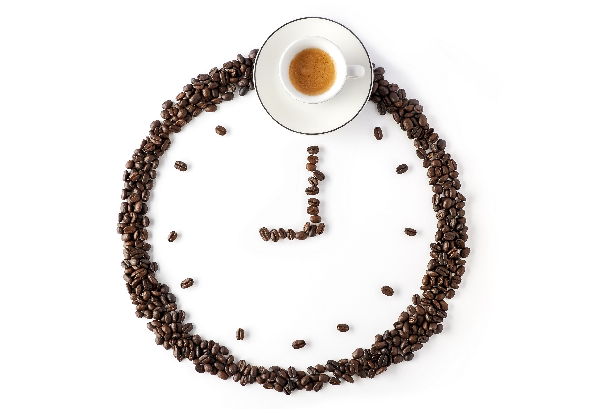 time, Clocks, Coffee beans, Coffee, Cup, White background Wallpaper