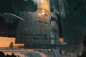 science fiction, Space, Spaceship, Waterfall