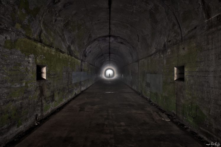 architecture, Building, Photo manipulation, Tunnel, Abandoned, Lights, Moss, Silhouette HD Wallpaper Desktop Background