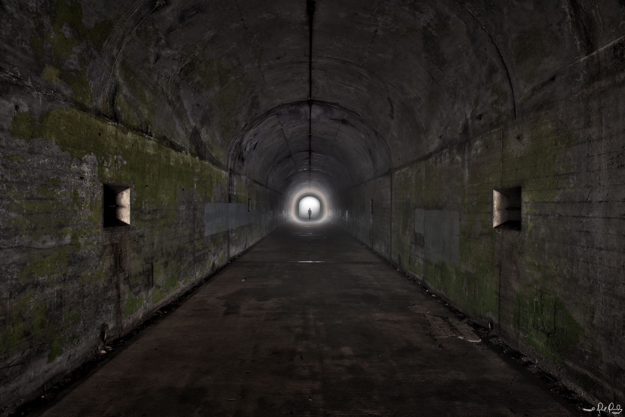architecture, Building, Photo manipulation, Tunnel, Abandoned, Lights, Moss, Silhouette Wallpaper