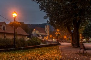architecture, Building, Cityscape, Evening, Zagreb, Croatia, Street light, Lamp, Fall, Trees, Leaves, Bench, House, Church, River, Fallen leaves, Bridge