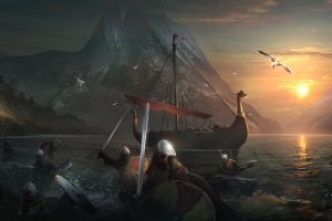 Sergey Zabelin, Digital art, Sailing ship, Vikings, Mountains, Sea, Birds, Battle, Sword, Sunrise, Snowy peak