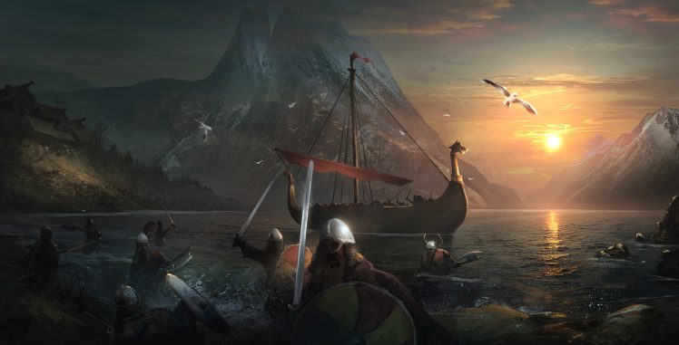 Sergey Zabelin, Digital art, Sailing ship, Vikings, Mountains, Sea, Birds, Battle, Sword, Sunrise, Snowy peak HD Wallpaper Desktop Background