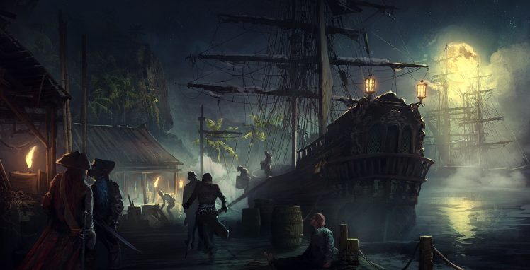 Sergey Zabelin, Pirates, Sailors, Digital art, Sailing ship, Moon, Night, Dock, Stars, Fantasy art HD Wallpaper Desktop Background