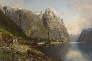 Anders Askevold, Painting, Landscape, Norway, Villages, Fjord, River, Mountains, Clouds