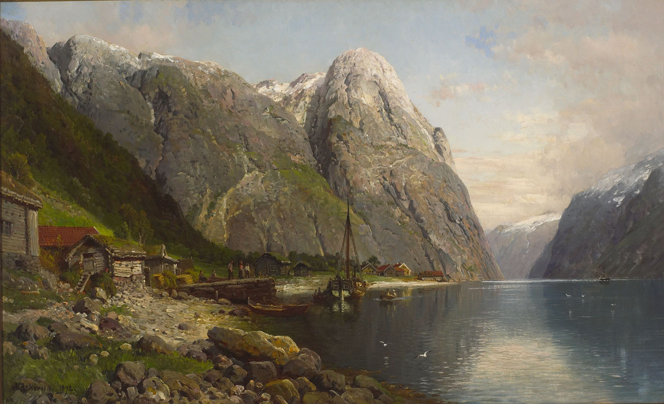Anders Askevold, Painting, Landscape, Norway, Villages, Fjord, River, Mountains, Clouds Wallpaper