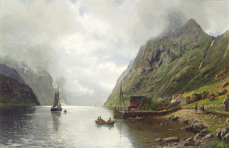 Anders Askevold, Painting, Landscape, Norway, Villages, Fjord, River, Mountains, Clouds HD Wallpaper Desktop Background