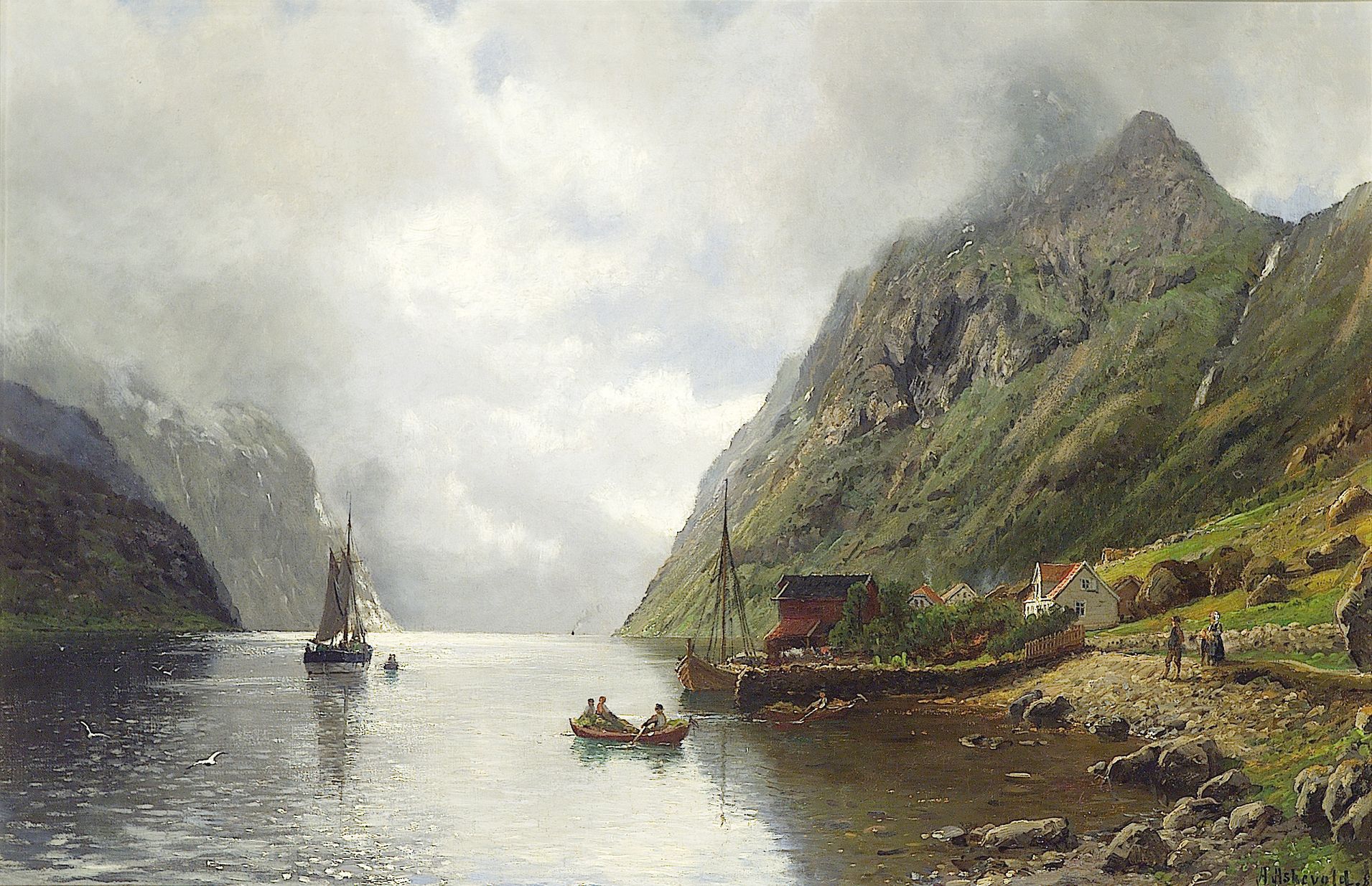 Anders Askevold, Painting, Landscape, Norway, Villages, Fjord, River, Mountains, Clouds Wallpaper