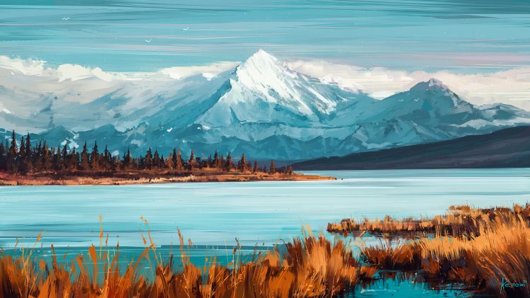 Aenami, Digital art, Mountains, Lake, River, Landscape HD Wallpaper Desktop Background