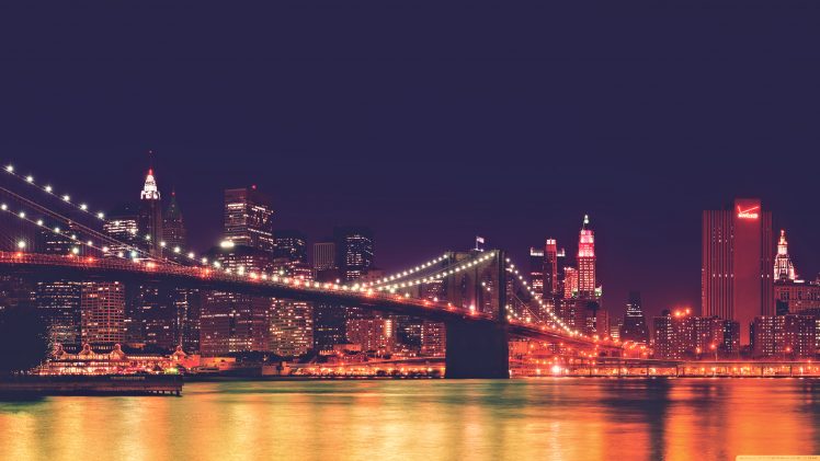 New York City, Cityscape, USA, Night, Brooklyn Bridge, Landscape HD Wallpaper Desktop Background