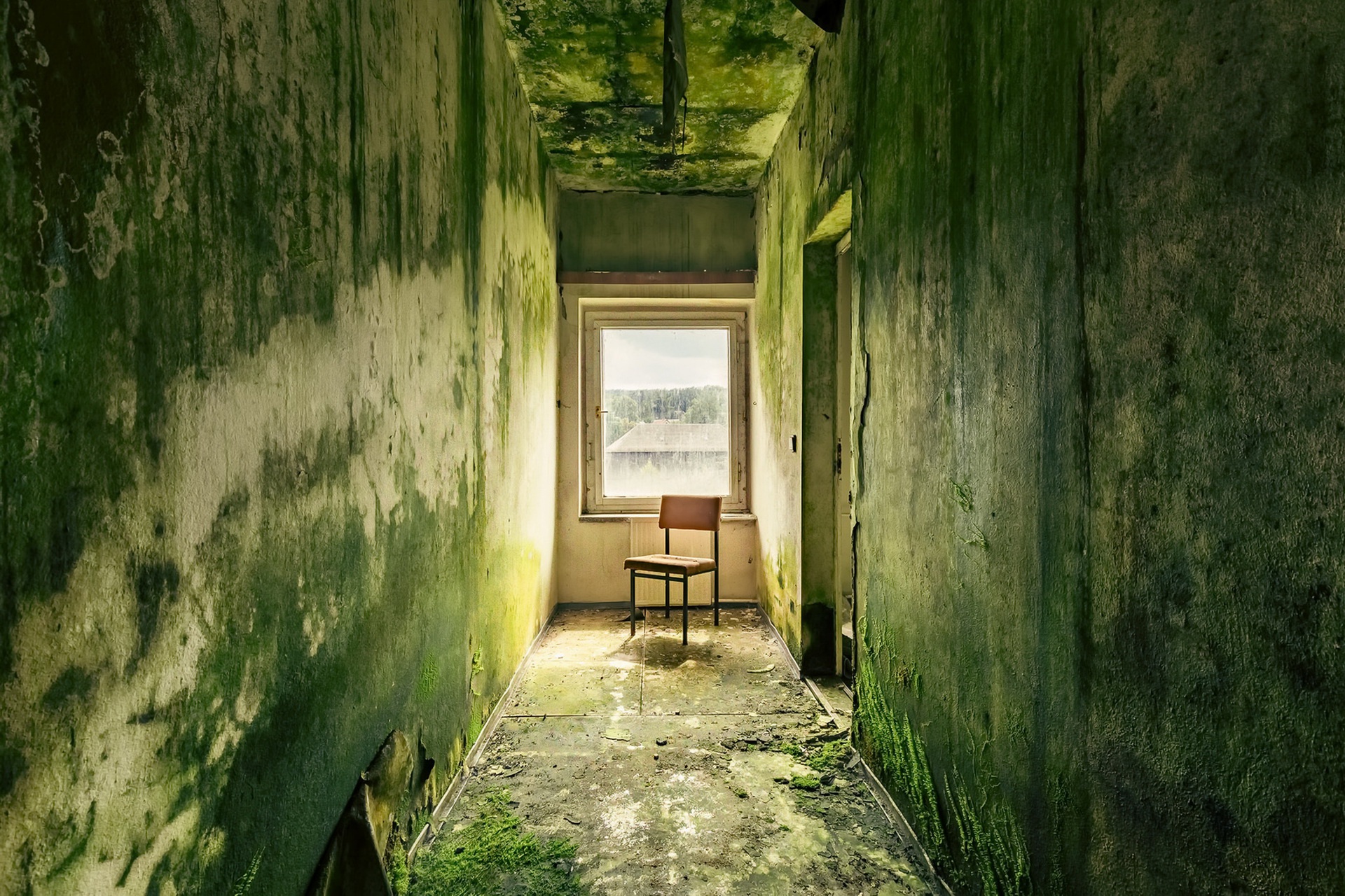 window, Hallway, Chair, Old, Ruin Wallpaper