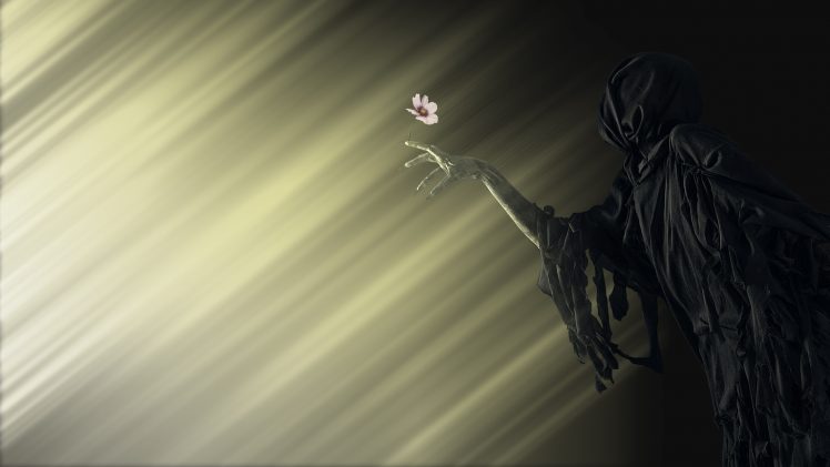Grim Reaper, Natural light, Red flowers HD Wallpaper Desktop Background