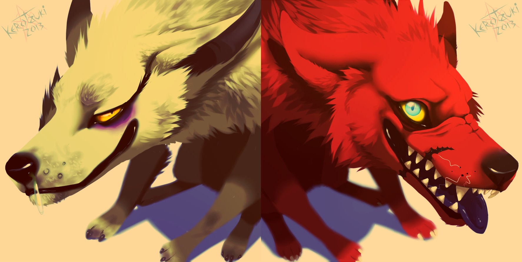 wolf, Fangs, Claws, Yellow eyes Wallpaper
