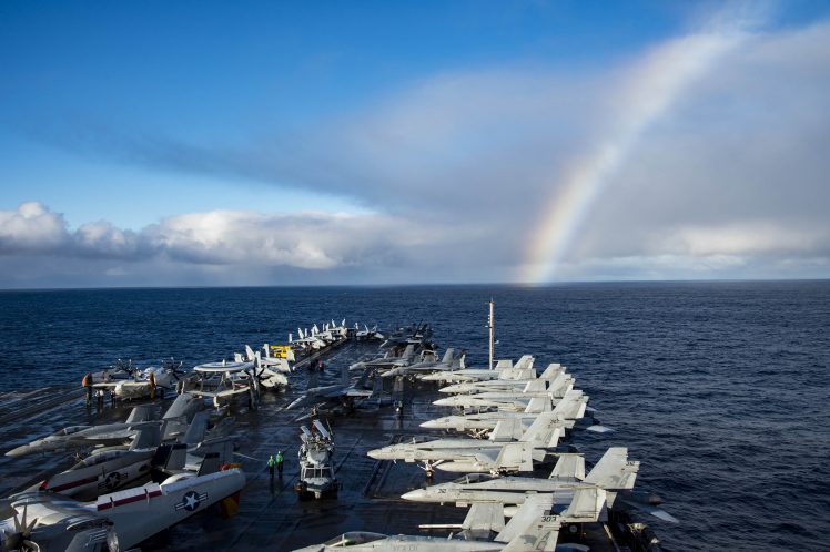 USS Dwight D. Eisenhower, Aircraft carrier, Sea, Rainbows, McDonnell Douglas F A 18 Hornet HD Wallpaper Desktop Background