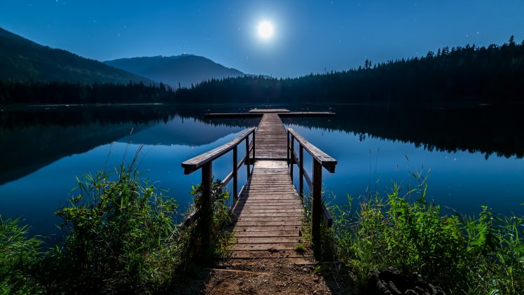 bright, Calm, Blue,  dawn, Environment, Lake, Landscape, Moon, Mountains, Forest, Nature, Outdoors, Stars, Sky, Pine trees HD Wallpaper Desktop Background
