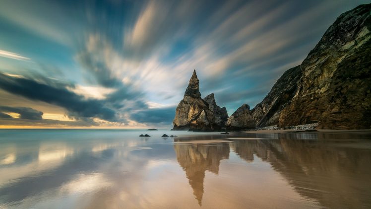 nature, Landscape, Long exposure, Clouds, Mountains, Reflection, Horizon, Sea, Rock, Portugal, Beach HD Wallpaper Desktop Background