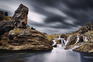nature, Landscape, Long exposure, Clouds, Waterfall, Rock, Water, Rock formation, Iceland