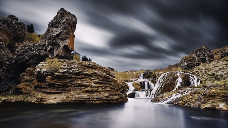 nature, Landscape, Long exposure, Clouds, Waterfall, Rock, Water, Rock formation, Iceland HD Wallpaper Desktop Background