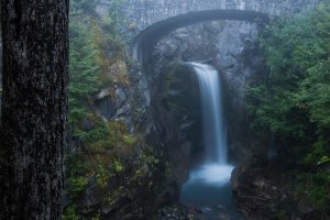 nature, Landscape, Long exposure, Clouds, Mountains, Trees, Bridge, Waterfall, Moss, Rock, Water, Washington state, USA
