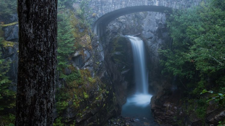 nature, Landscape, Long exposure, Clouds, Mountains, Trees, Bridge, Waterfall, Moss, Rock, Water, Washington state, USA HD Wallpaper Desktop Background