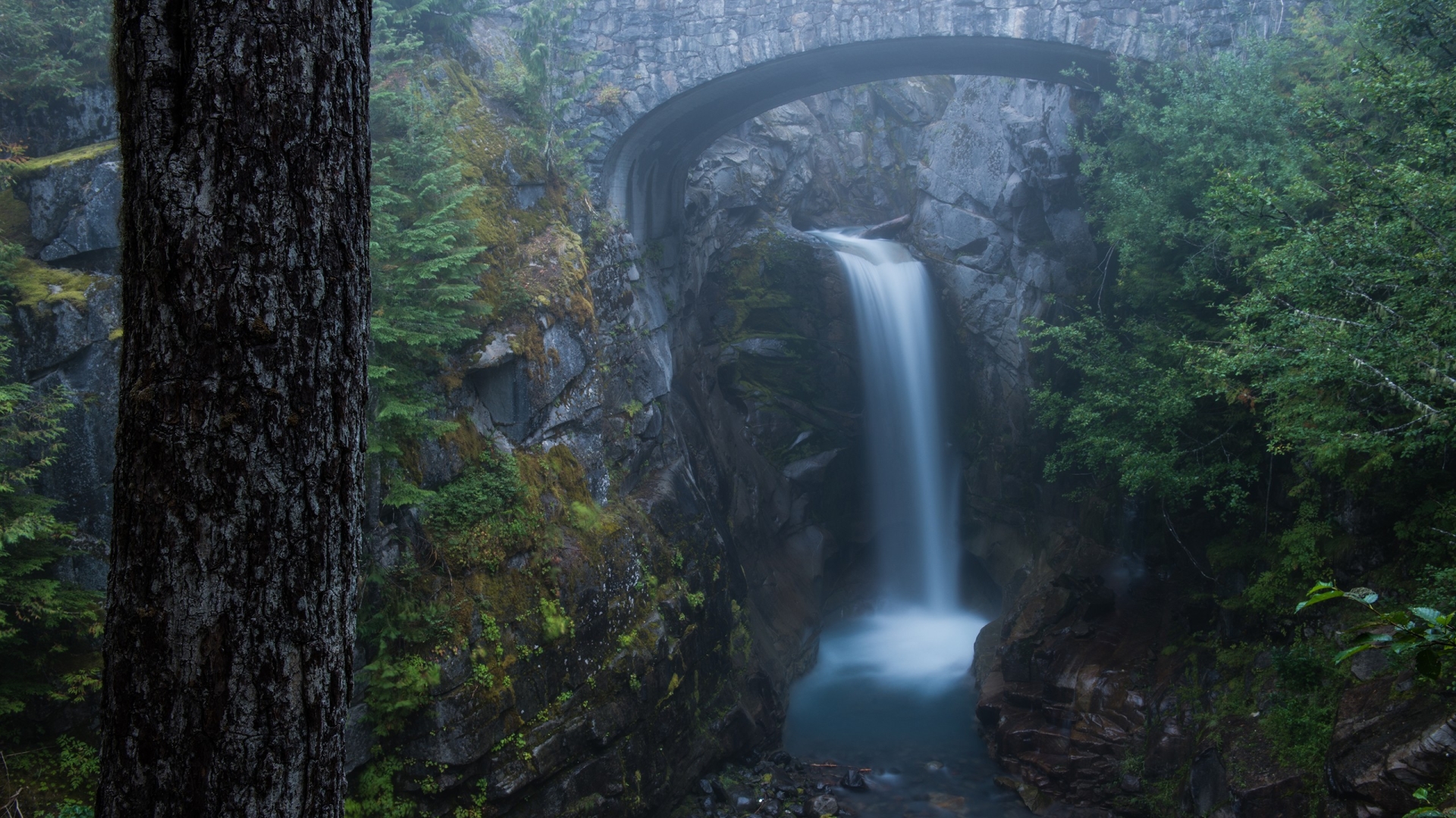 nature, Landscape, Long exposure, Clouds, Mountains, Trees, Bridge, Waterfall, Moss, Rock, Water, Washington state, USA Wallpaper