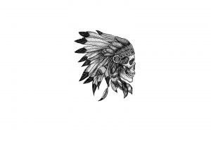 Peter John de Villiers, Digital art, Minimalism, White background, Skull, Native American clothing, Feathers, Monochrome, Drawing, Headband, Simple background