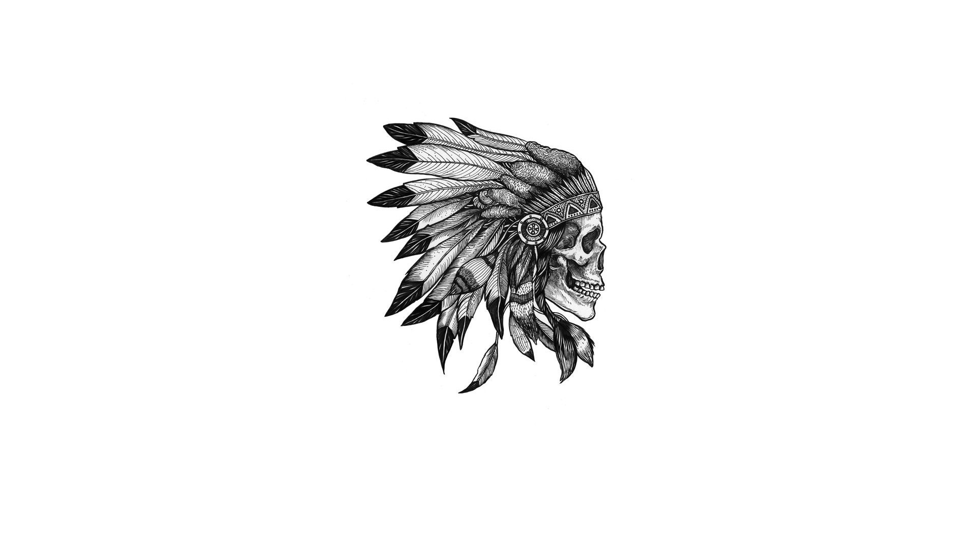 Peter John de Villiers, Digital art, Minimalism, White background, Skull, Native American clothing, Feathers, Monochrome, Drawing, Headband, Simple background Wallpaper