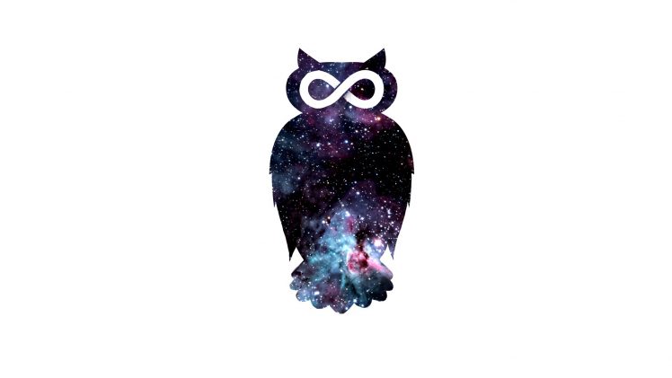 digital art, Minimalism, Animals, White background, Owl, Infinity, Space, Stars, Galaxy HD Wallpaper Desktop Background