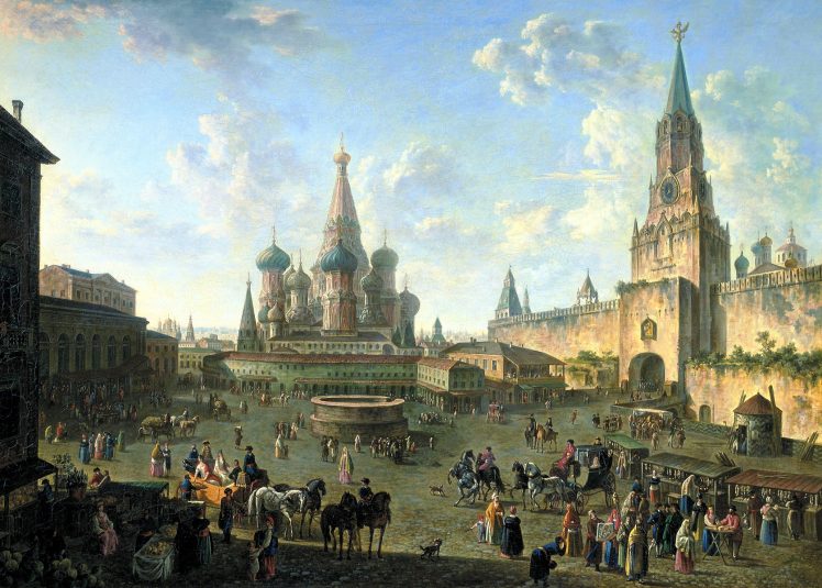 Fyodor Alekseyev, People, Crowds, Architecture, Building, Cityscape, City, Moscow, Red Square, Russia, Painting, Artwork, Horse, Old building, Classical art, Tower, Saint Basils Cathedral HD Wallpaper Desktop Background