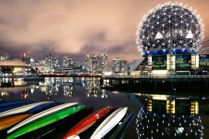 architecture, Building, Cityscape, Skyscraper, City, Evening, Boat, Vancouver, Canada, City lights, Reflection, Water, Sphere, Clouds, Long exposure, Canoes