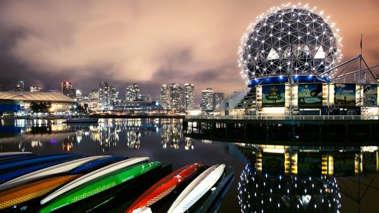architecture, Building, Cityscape, Skyscraper, City, Evening, Boat, Vancouver, Canada, City lights, Reflection, Water, Sphere, Clouds, Long exposure, Canoes HD Wallpaper Desktop Background