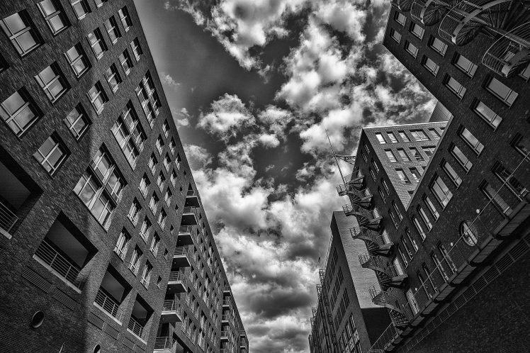 architecture, Building, Cityscape, City, Clouds, Hamburg, Germany, Monochrome, Window, Stairs, HDR, Worms eye view, Balcony HD Wallpaper Desktop Background