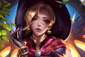 witch, Freckles, Video games, Overwatch, Mercy (Overwatch), Witch Mercy, Halloween, Liang Xing