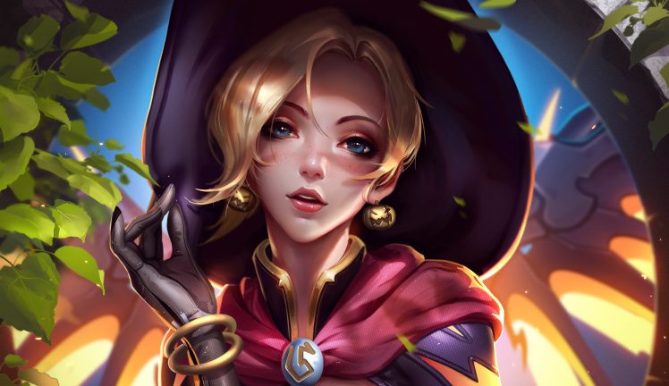 witch, Freckles, Video games, Overwatch, Mercy (Overwatch), Witch Mercy, Halloween, Liang Xing HD Wallpaper Desktop Background