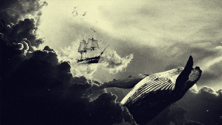 surreal, Whale, Clouds, Ship, Digital art, Artwork, Sepia HD Wallpaper Desktop Background