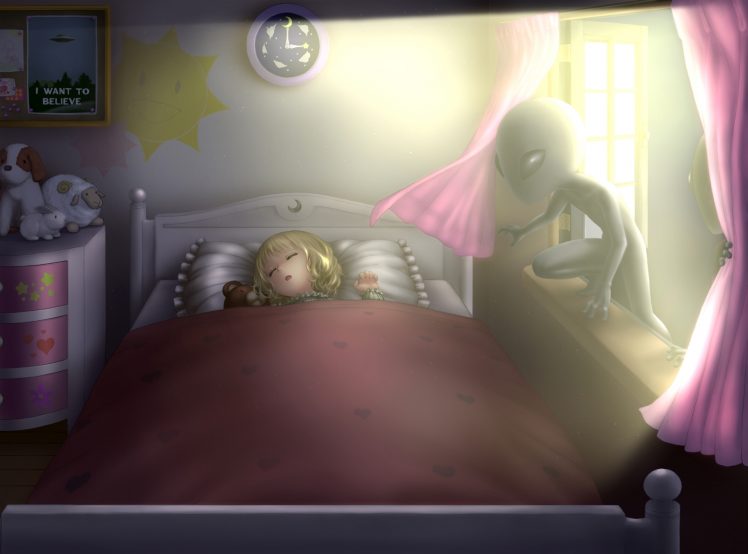 children, Illustration, Sleeping, Aliens, Horror HD Wallpaper Desktop Background