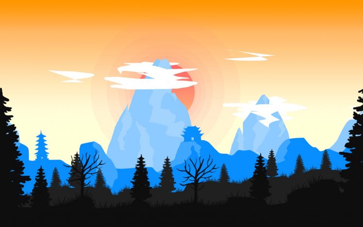 landscape, Nature, Mountains, Trees, Pagoda, Sun, Clouds, Digital art HD Wallpaper Desktop Background