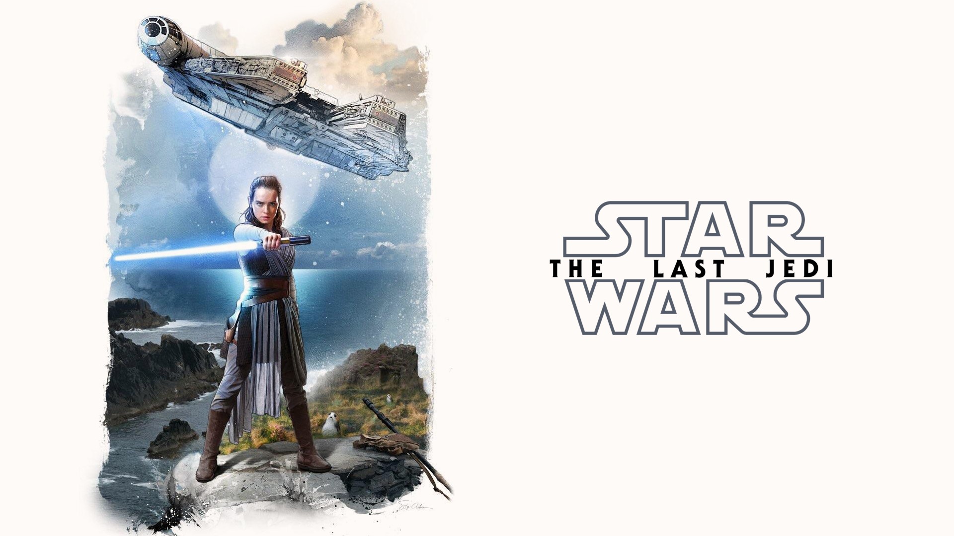 Star Wars: The Last Jedi, Rey (from Star Wars), Millennium Falcon, Lightsaber Wallpaper
