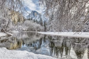 winter, Nature, Snow, Mountains, Reflection, Trees, Water, Yosemite National Park, USA