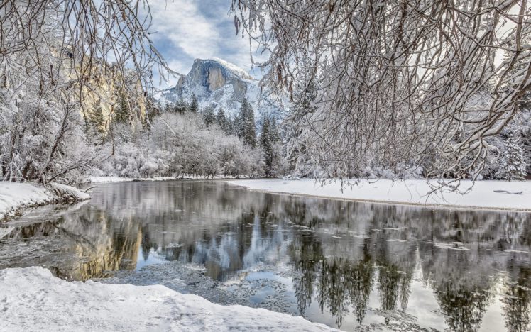 winter, Nature, Snow, Mountains, Reflection, Trees, Water, Yosemite National Park, USA HD Wallpaper Desktop Background