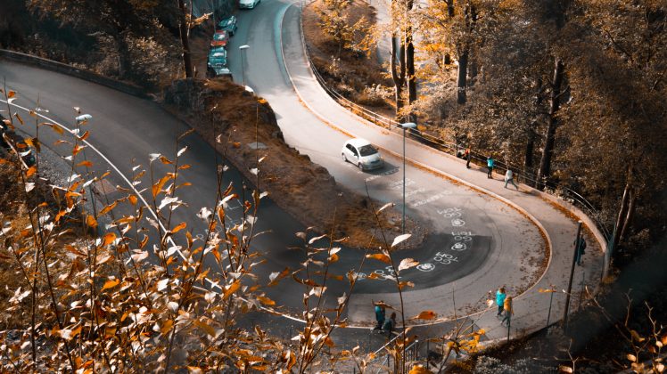 fall, Road, Bergen, Teal, Orange, Leaves HD Wallpaper Desktop Background