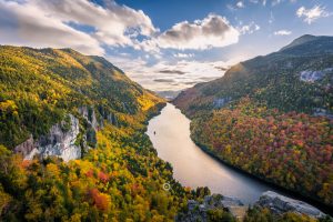 Adirondack Mountains, New York state, River, Mountains, Trees, Clouds, Fall