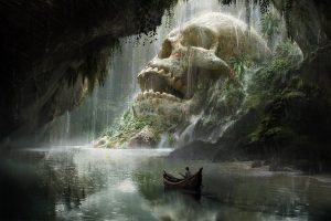 Quentin Mabille, Landscape, Artwork, Fantasy art, Boat, Skull, Cave, Digital art, Water