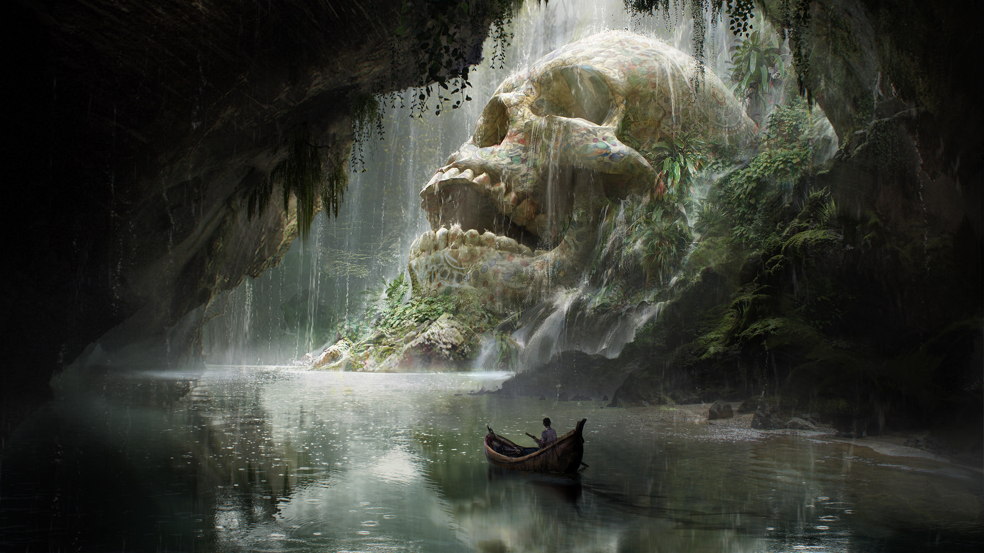 Quentin Mabille, Landscape, Artwork, Fantasy art, Boat, Skull, Cave, Digital art, Water Wallpaper
