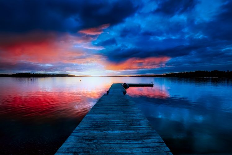 nature, Clouds, Dock, Water, Evening, Lake, Landscape, Reflection, Sunset HD Wallpaper Desktop Background