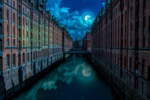 nature, Architecture, Bridge, Water, Building, City, Cityscape, Evening, Moon, Moonlight, Reflection, Hamburg, Photo manipulation