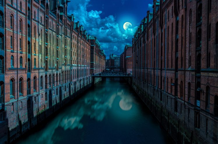 nature, Architecture, Bridge, Water, Building, City, Cityscape, Evening, Moon, Moonlight, Reflection, Hamburg, Photo manipulation HD Wallpaper Desktop Background
