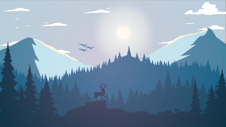 landscape, Forest, Deer, Artwork, Pine trees, Illustration, Mountains, Minimalism, Animals, Fire Watch HD Wallpaper Desktop Background